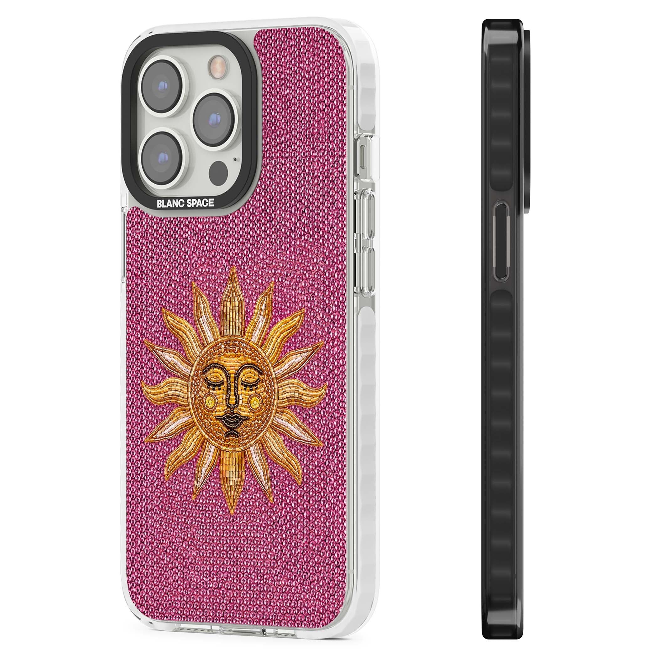 Beaded Sun celestial iPhone case featuring a golden beaded sun face with radiant rays on hot pink beaded background | Impact Magsafe case for iPhone 13 Pro, iPhone 14 Pro, iPhone 15 Pro