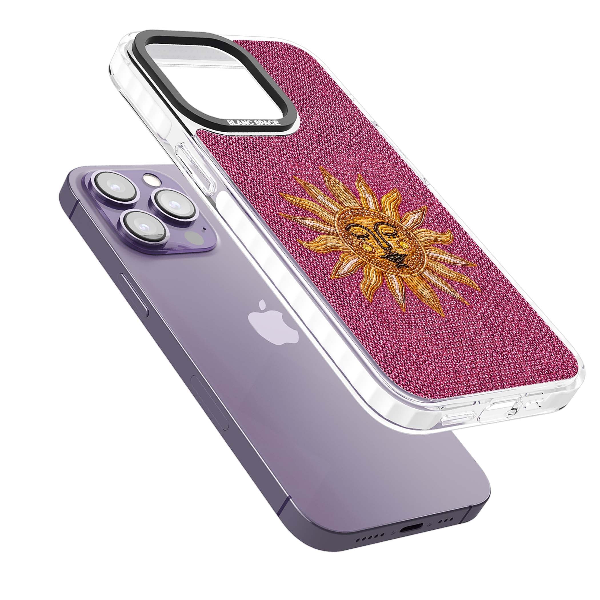 Beaded Sun celestial iPhone case featuring a golden beaded sun face with radiant rays on hot pink beaded background | Impact Magsafe case for iPhone 13 Pro, iPhone 14 Pro, iPhone 15 Pro