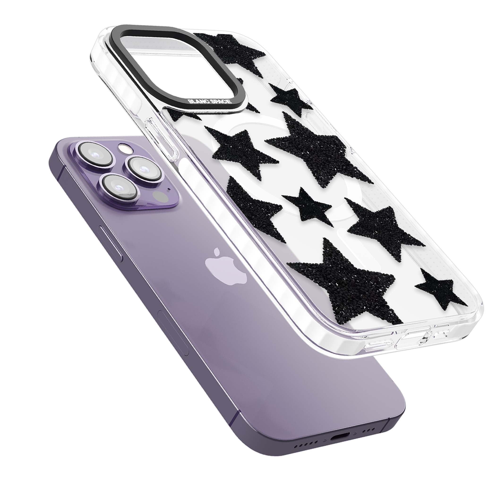 Beaded Black Stars celestial iPhone case featuring black glitter beaded stars scattered on a clear background | Impact Magsafe case for iPhone 13 Pro, iPhone 14 Pro, iPhone 15 Pro
