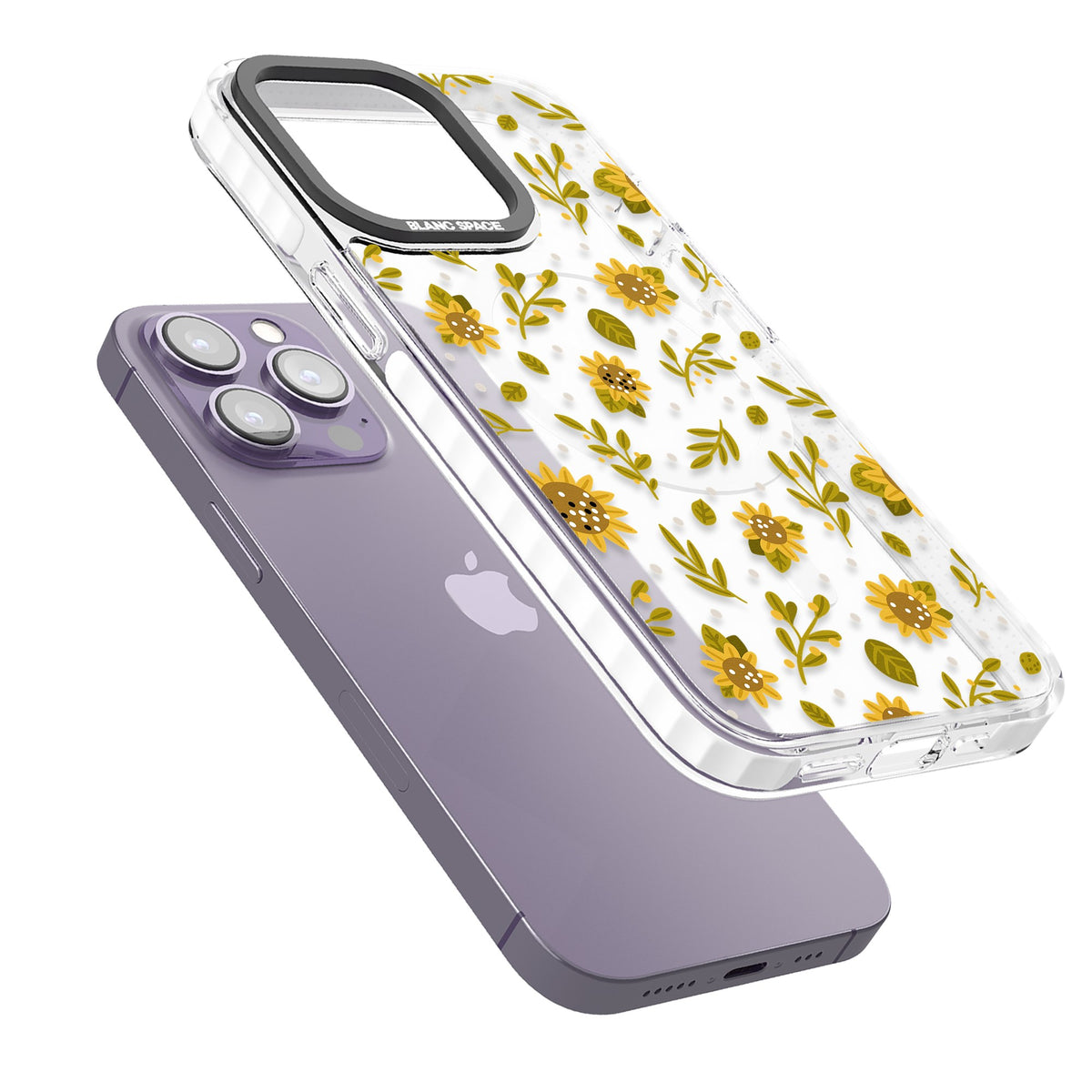 Bees & Sunflowers iPhone 13 Pro / iPhone 13 Pro Max / iPhone 14 Pro / iPhone 14 Pro Max / iPhone 15 Pro / iPhone 15 Pro Max Impact Pro Clear Phone Case angled