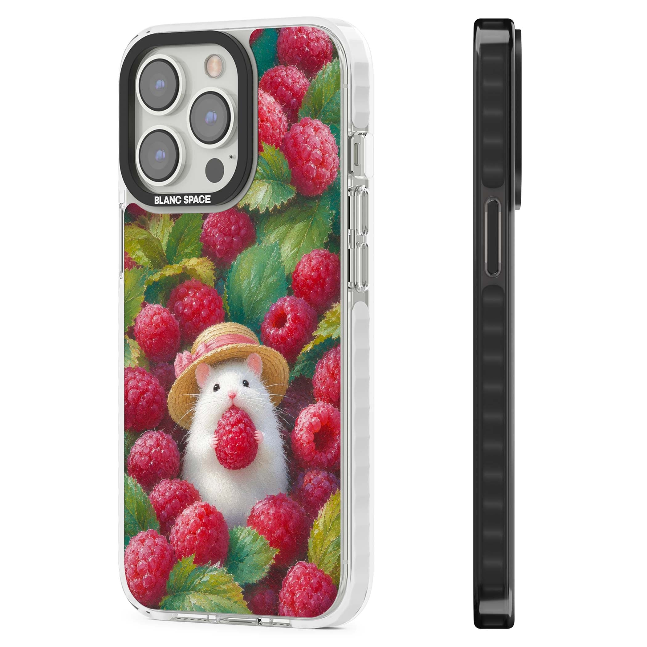 Berry Forager cottagecore iPhone case featuring a white hamster in a straw hat holding a raspberry surrounded by ripe ber | Impact Magsafe case for iPhone 13 Pro, iPhone 14 Pro, iPhone 15 Pro