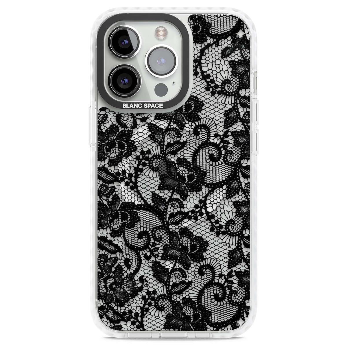 Black Lace gothic iPhone case featuring intricate black floral lace pattern with vintage whimsigoth detail | Impact Magsafe case for iPhone 13 Pro, iPhone 14 Pro, iPhone 15 Pro