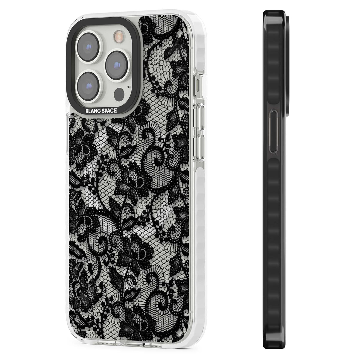 Black Lace gothic iPhone case featuring intricate black floral lace pattern with vintage whimsigoth detail | Impact Magsafe case for iPhone 13 Pro, iPhone 14 Pro, iPhone 15 Pro