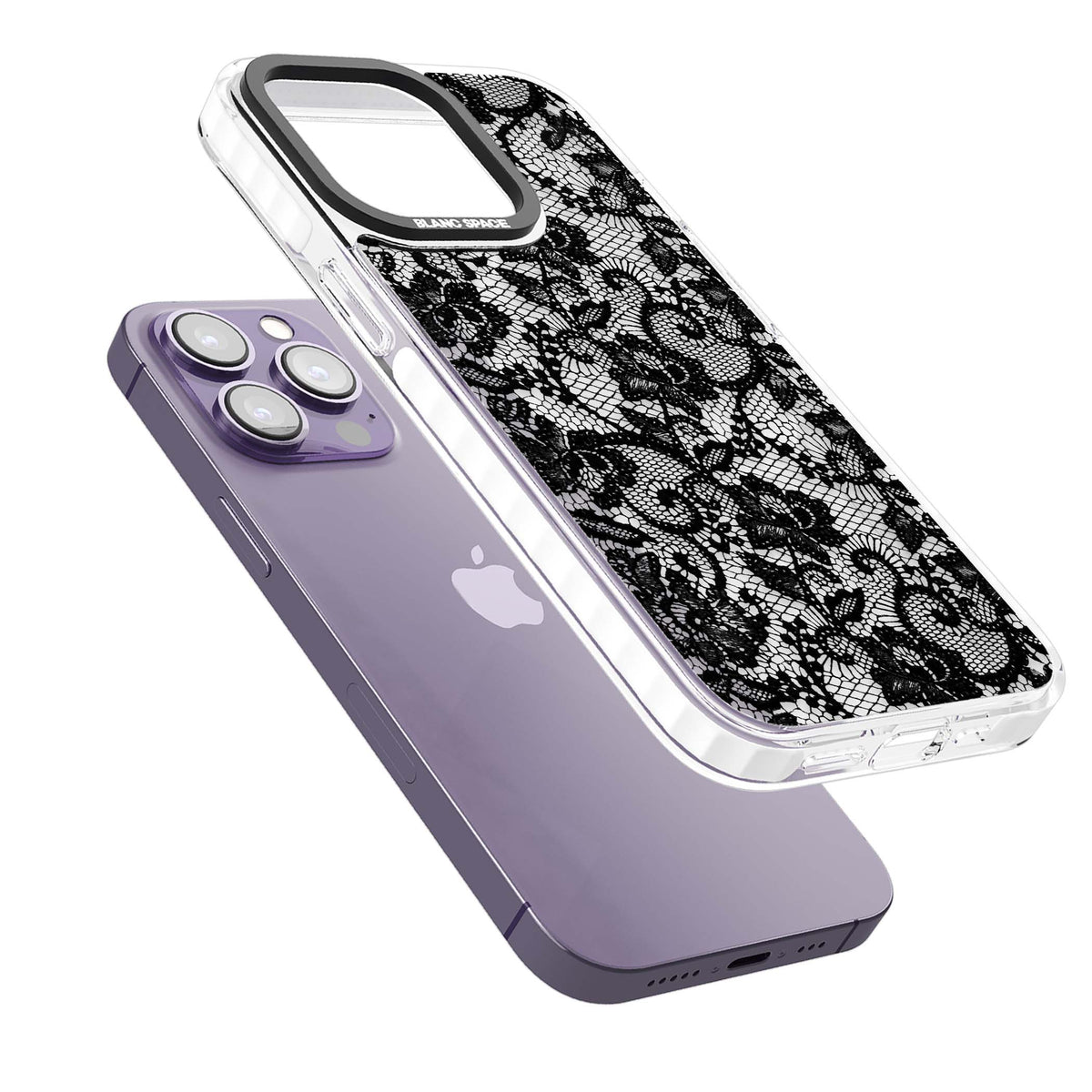 Black Lace gothic iPhone case featuring intricate black floral lace pattern with vintage whimsigoth detail | Impact Magsafe case for iPhone 13 Pro, iPhone 14 Pro, iPhone 15 Pro