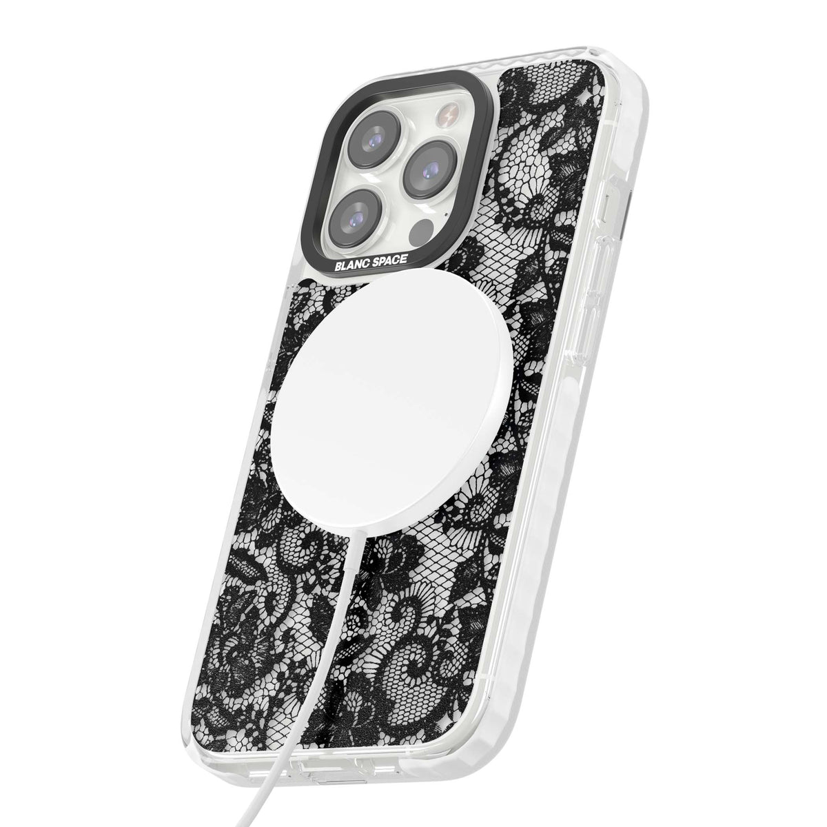 Black Lace gothic iPhone case featuring intricate black floral lace pattern with vintage whimsigoth detail | Impact Magsafe case for iPhone 13 Pro, iPhone 14 Pro, iPhone 15 Pro