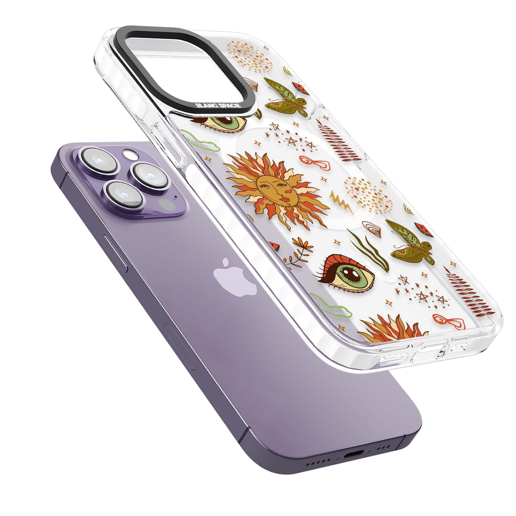 Elevate Your Phone'S Style With This Boho Celestial Sun & Eye Phone Case, Featuring A Mystical Blend Of Suns, All-Seeing Eyes, Butterflies, Stars, And