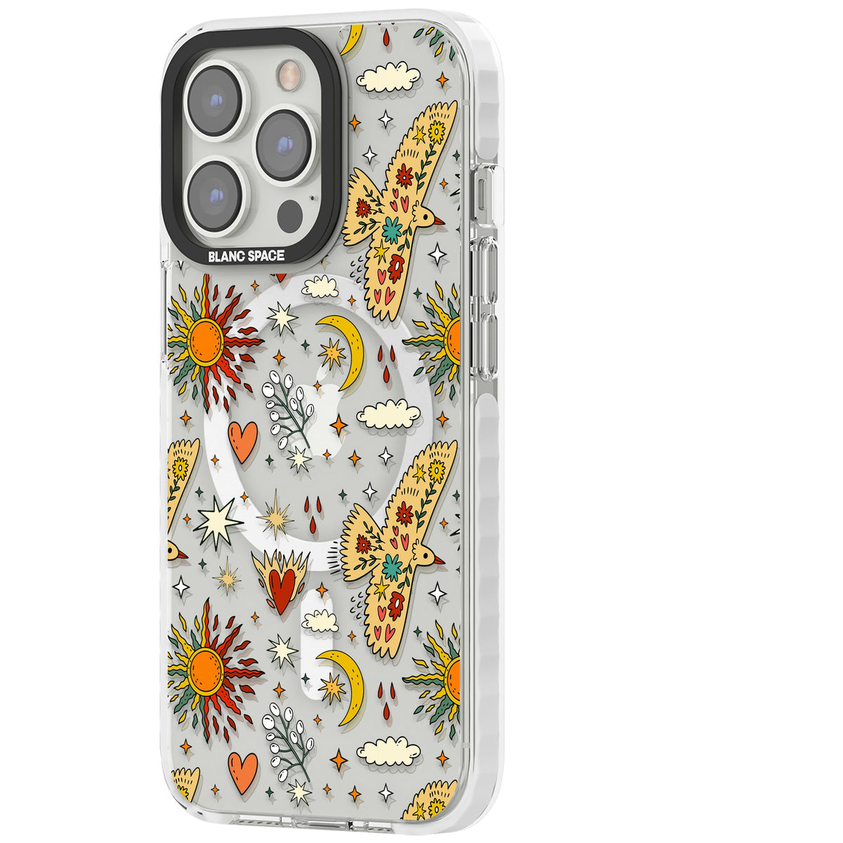 Boho Mystic Birds iPhone 13 Pro / iPhone 13 Pro Max / iPhone 14 Pro / iPhone 14 Pro Max / iPhone 15 Pro / iPhone 15 Pro Max Impact Pro Clear Phone Case side