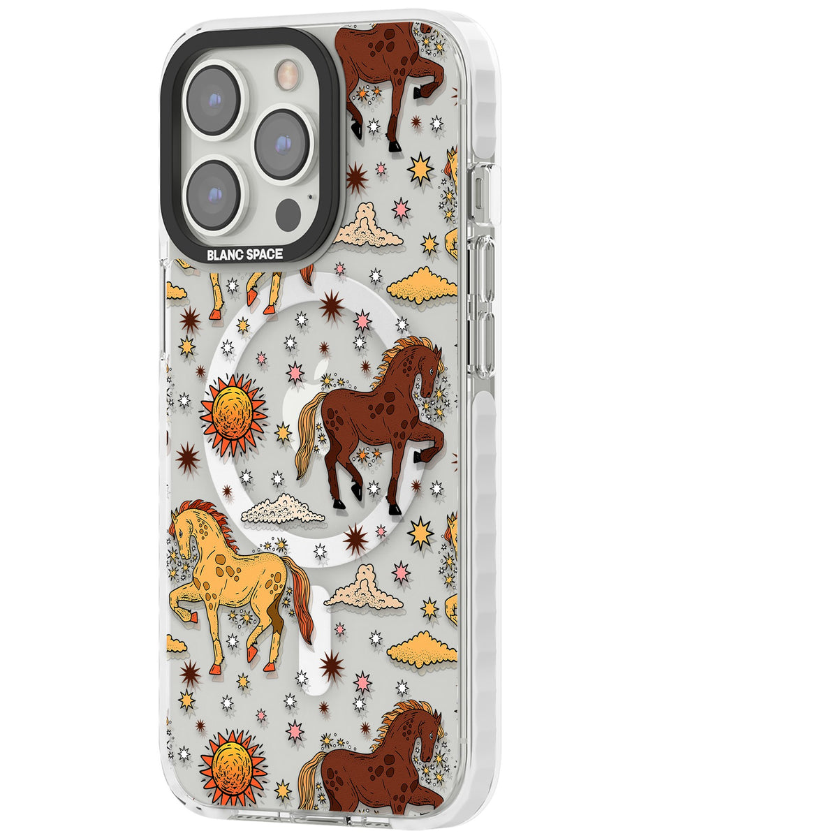 Boho Celestial Wild Horses iPhone 13 Pro / iPhone 13 Pro Max / iPhone 14 Pro / iPhone 14 Pro Max / iPhone 15 Pro / iPhone 15 Pro Max Impact Pro Clear Phone Case side