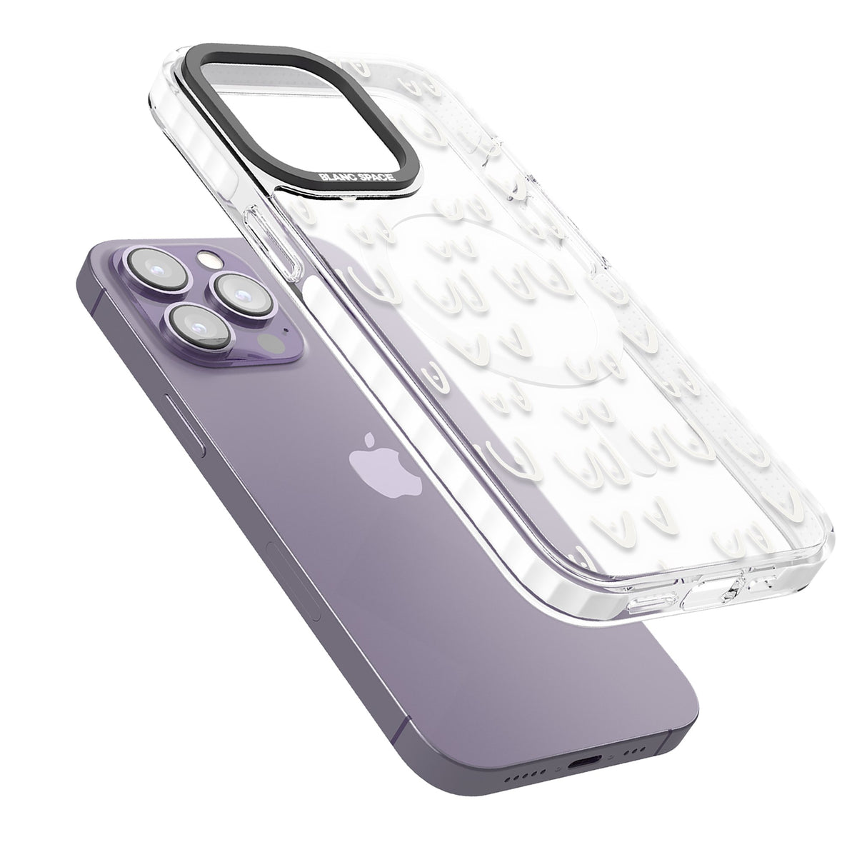 Boob Pattern (White) iPhone 13 Pro / iPhone 13 Pro Max / iPhone 14 Pro / iPhone 14 Pro Max / iPhone 15 Pro / iPhone 15 Pro Max Impact Pro Clear Phone Case angled