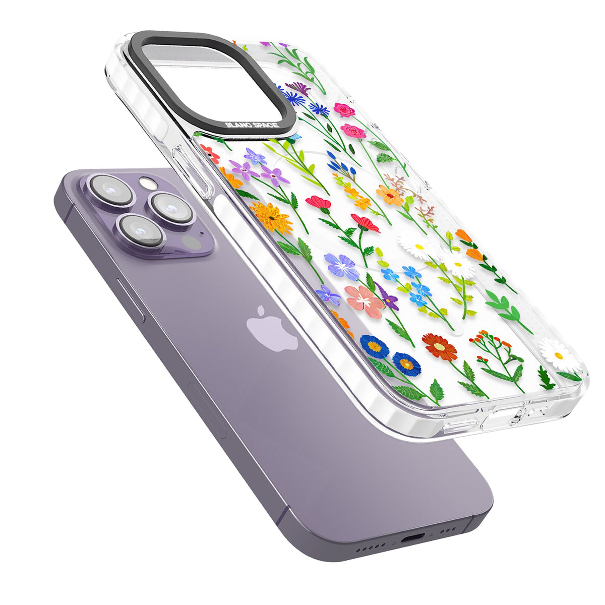 Wildflower Garden iPhone 13 Pro / iPhone 13 Pro Max / iPhone 14 Pro / iPhone 14 Pro Max / iPhone 15 Pro / iPhone 15 Pro Max Impact Pro Clear Phone Case angled