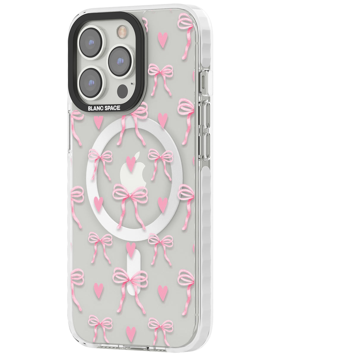 Pink Bows & Hearts iPhone 13 Pro / iPhone 13 Pro Max / iPhone 14 Pro / iPhone 14 Pro Max / iPhone 15 Pro / iPhone 15 Pro Max Impact Pro Clear Phone Case side