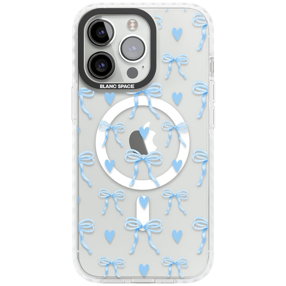 Blue Bows & Hearts iPhone 13 Pro / iPhone 13 Pro Max / iPhone 14 Pro / iPhone 14 Pro Max / iPhone 15 Pro / iPhone 15 Pro Max Impact Pro Clear Phone Case front