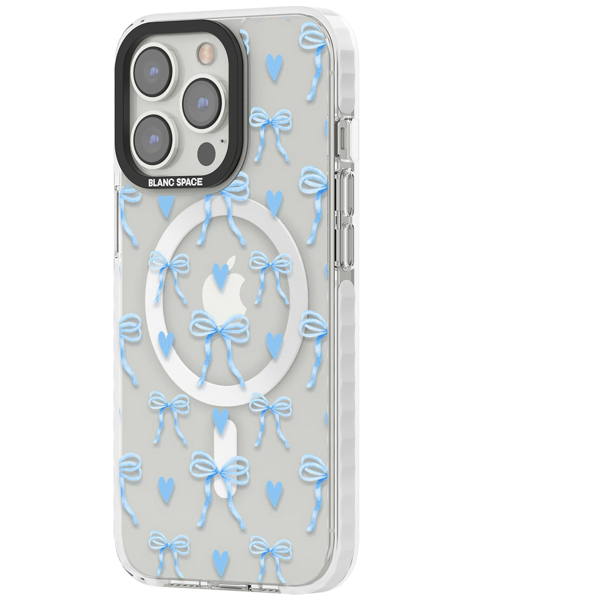 Blue Bows & Hearts iPhone 13 Pro / iPhone 13 Pro Max / iPhone 14 Pro / iPhone 14 Pro Max / iPhone 15 Pro / iPhone 15 Pro Max Impact Pro Clear Phone Case side