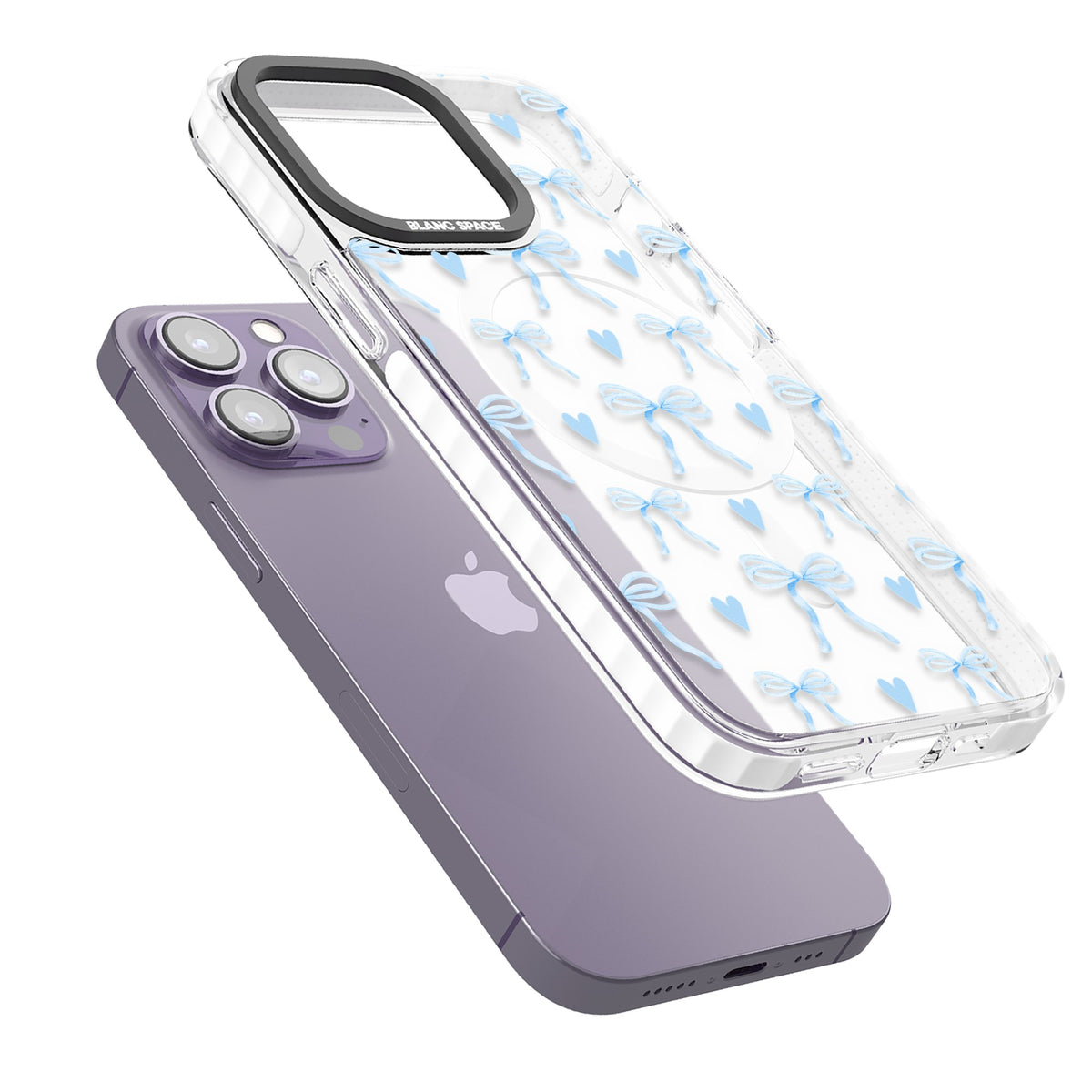 Blue Bows & Hearts iPhone 13 Pro / iPhone 13 Pro Max / iPhone 14 Pro / iPhone 14 Pro Max / iPhone 15 Pro / iPhone 15 Pro Max Impact Pro Clear Phone Case angled