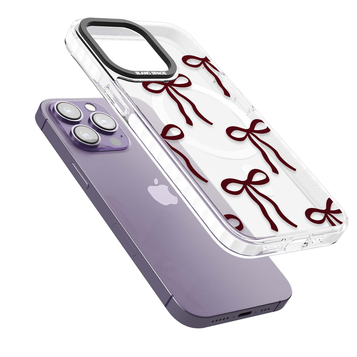 Burgundy Bows iPhone 13 Pro / iPhone 13 Pro Max / iPhone 14 Pro / iPhone 14 Pro Max / iPhone 15 Pro / iPhone 15 Pro Max Impact Pro Clear Phone Case angled