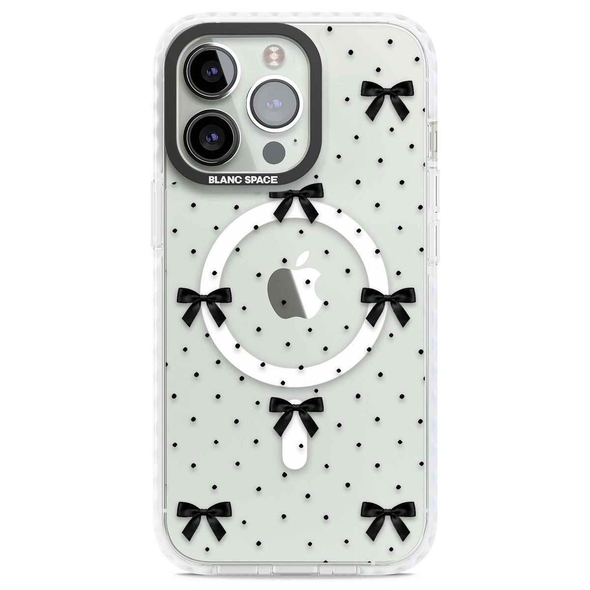 Black Polka Bows coquette iPhone case featuring scattered black satin bows and tiny polka dots on a clear base | Impact Magsafe case for iPhone 13 Pro, iPhone 14 Pro, iPhone 15 Pro