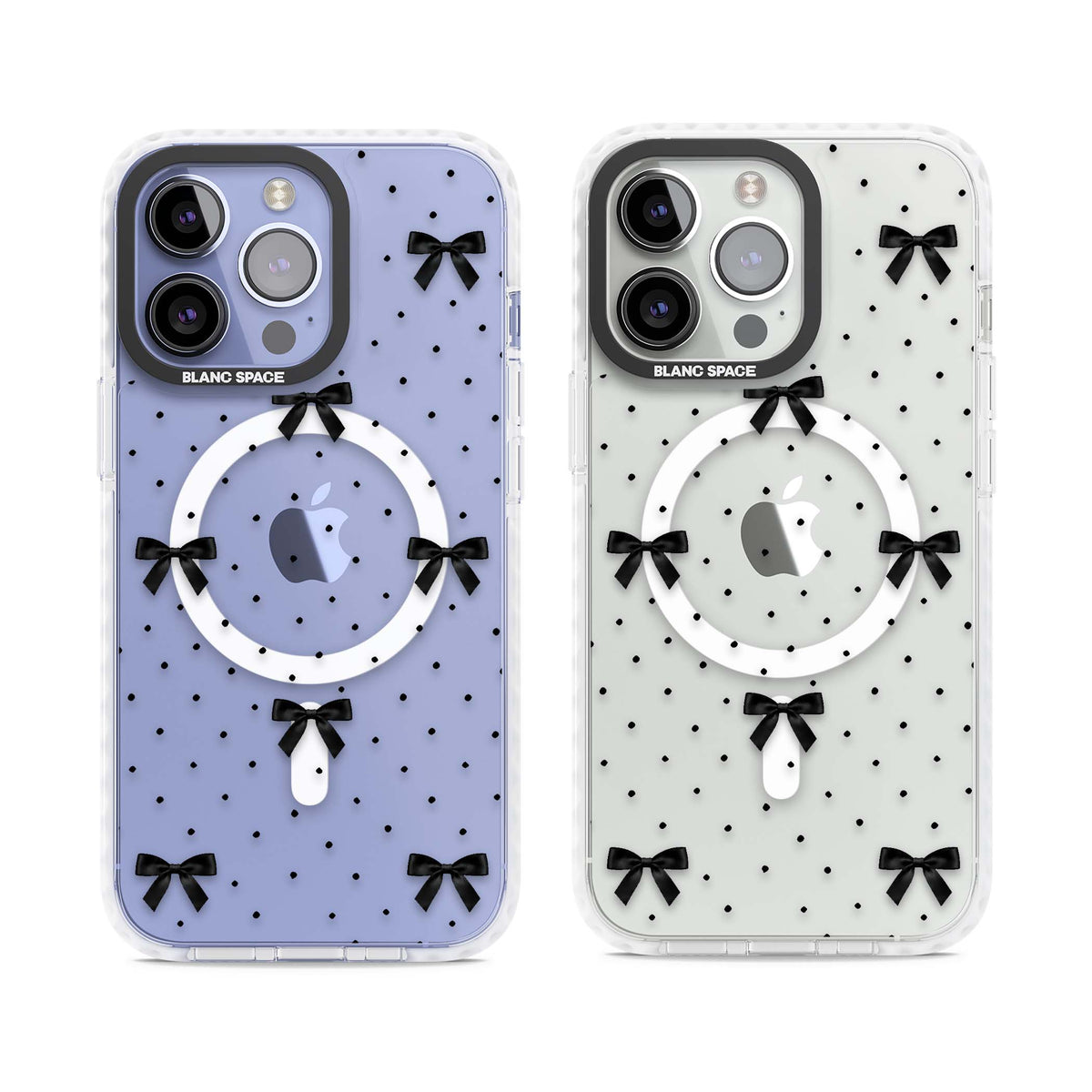 Black Polka Bows coquette iPhone case featuring scattered black satin bows and tiny polka dots on a clear base | Impact Magsafe case for iPhone 13 Pro, iPhone 14 Pro, iPhone 15 Pro