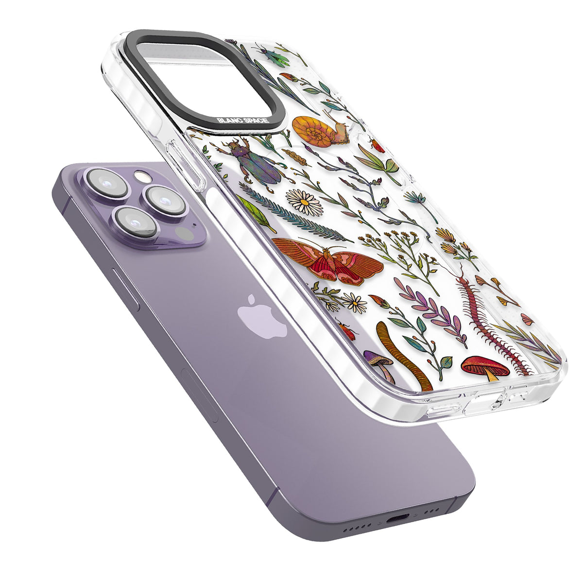 Bugs & Wildflowers iPhone 13 Pro / iPhone 13 Pro Max / iPhone 14 Pro / iPhone 14 Pro Max / iPhone 15 Pro / iPhone 15 Pro Max Impact Pro Clear Phone Case angled