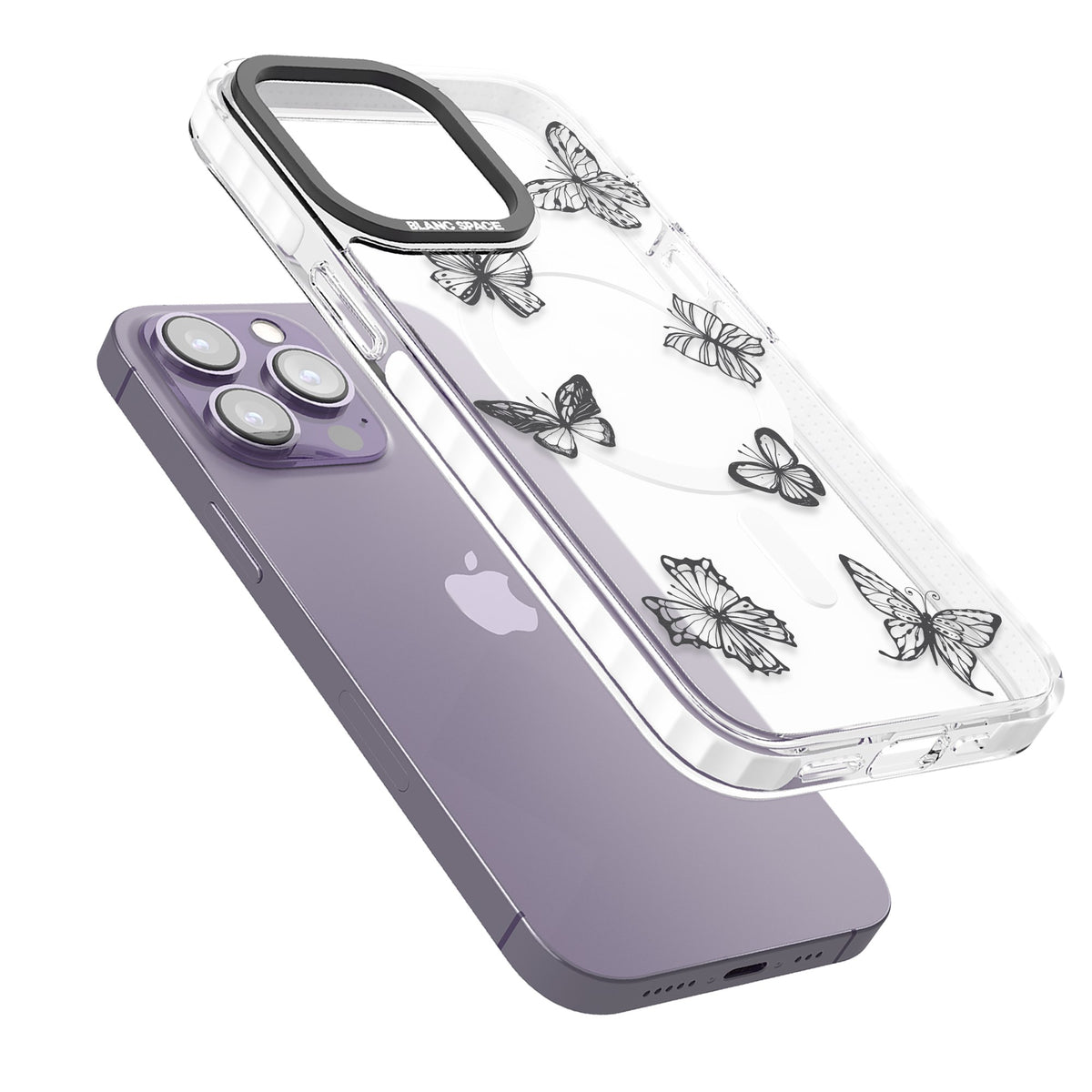 Grey Butterfly Line Pattern iPhone 13 Pro / iPhone 13 Pro Max / iPhone 14 Pro / iPhone 14 Pro Max / iPhone 15 Pro / iPhone 15 Pro Max Impact Pro Clear Phone Case angled