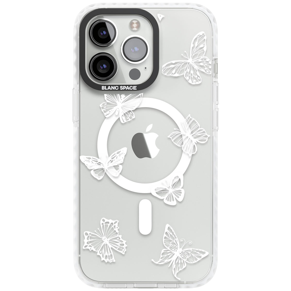 White Butterfly Line Pattern iPhone 13 Pro / iPhone 13 Pro Max / iPhone 14 Pro / iPhone 14 Pro Max / iPhone 15 Pro / iPhone 15 Pro Max Impact Pro Clear Phone Case front