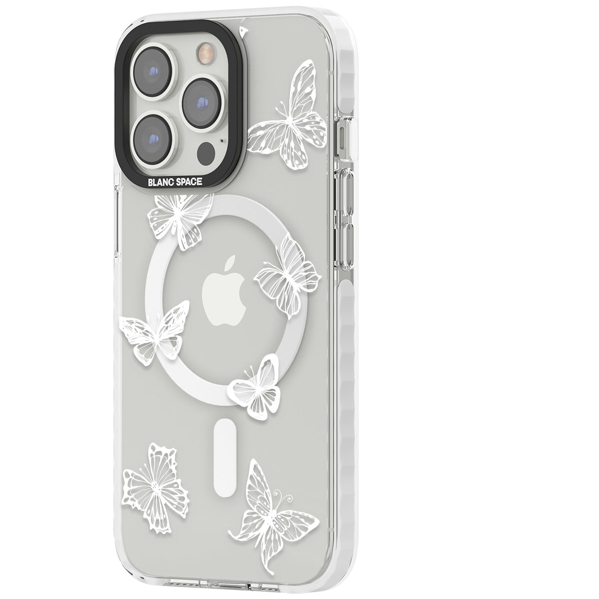 White Butterfly Line Pattern iPhone 13 Pro / iPhone 13 Pro Max / iPhone 14 Pro / iPhone 14 Pro Max / iPhone 15 Pro / iPhone 15 Pro Max Impact Pro Clear Phone Case side