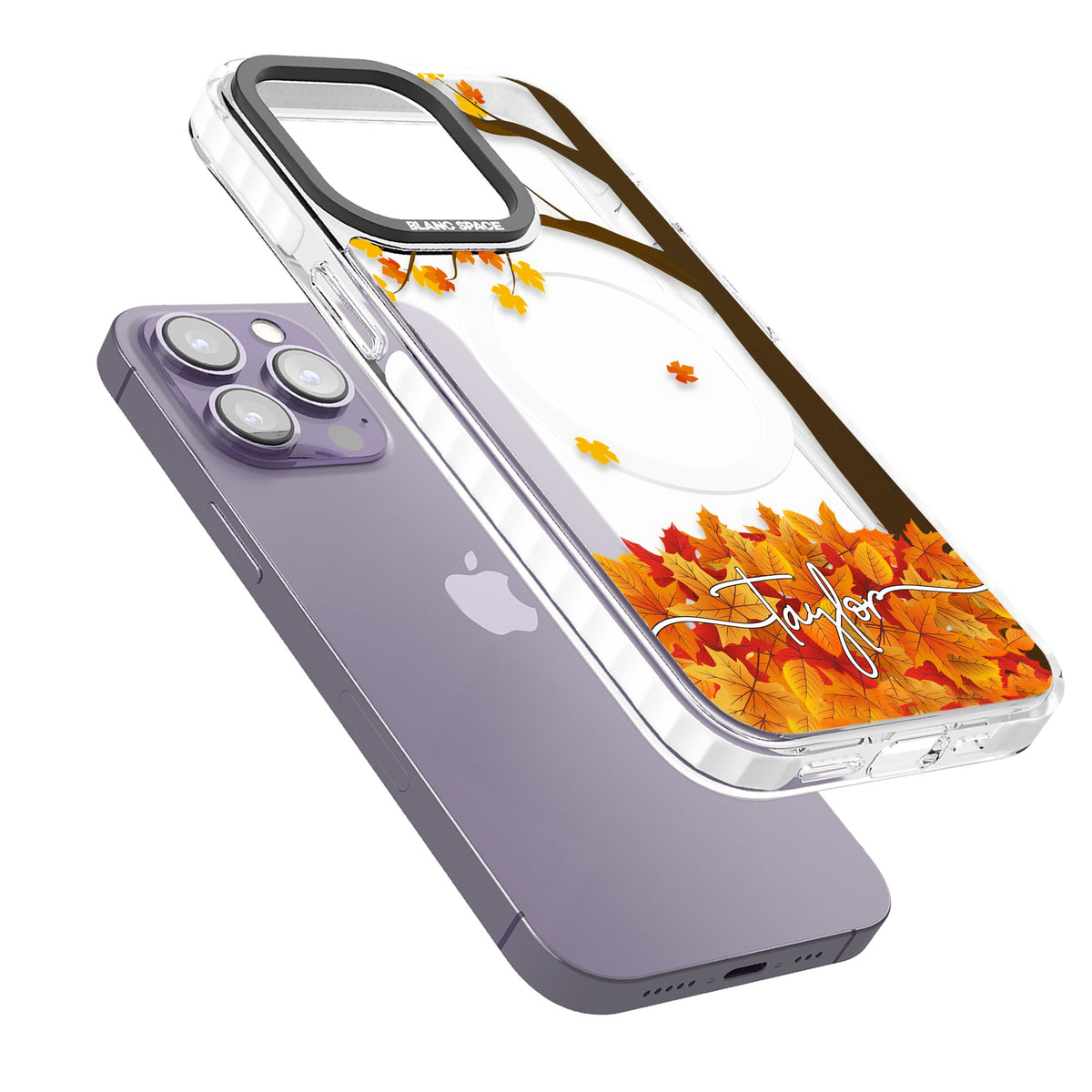 Personalised Autumn Leaves iPhone 13 Pro / iPhone 13 Pro Max / iPhone 14 Pro / iPhone 14 Pro Max / iPhone 15 Pro / iPhone 15 Pro Max Impact Pro Clear Phone Case angled