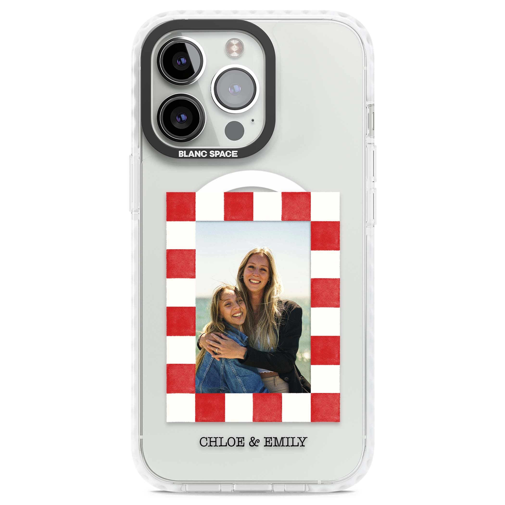 Red Check Photo personalised photo iPhone case with red and white checkered polaroid frame and custom couple name | Impact Magsafe case for iPhone 13 Pro, iPhone 14 Pro, iPhone 15 Pro