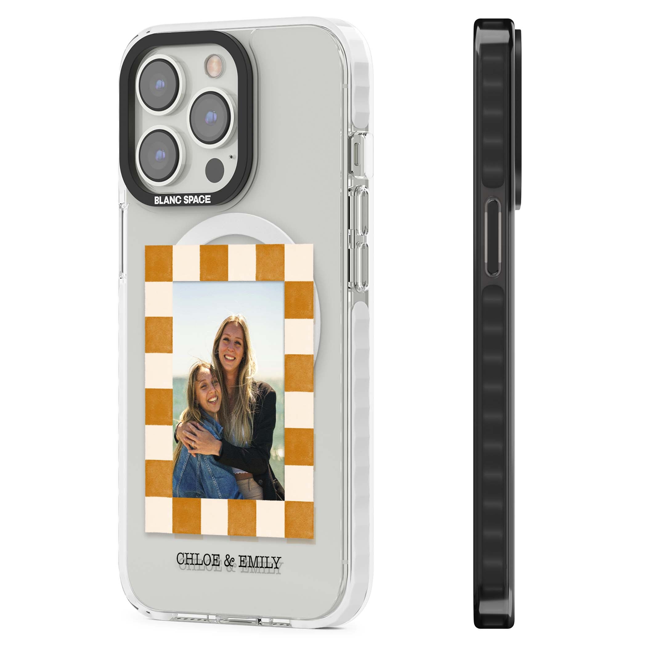 Citrus Check Photo personalised iPhone case with custom photo, orange checkered frame and names underneath | Impact Magsafe case for iPhone 13 Pro, iPhone 14 Pro, iPhone 15 Pro