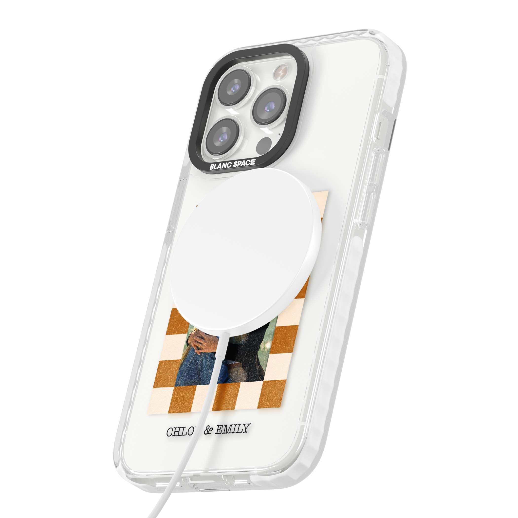 Citrus Check Photo personalised iPhone case with custom photo, orange checkered frame and names underneath | Impact Magsafe case for iPhone 13 Pro, iPhone 14 Pro, iPhone 15 Pro