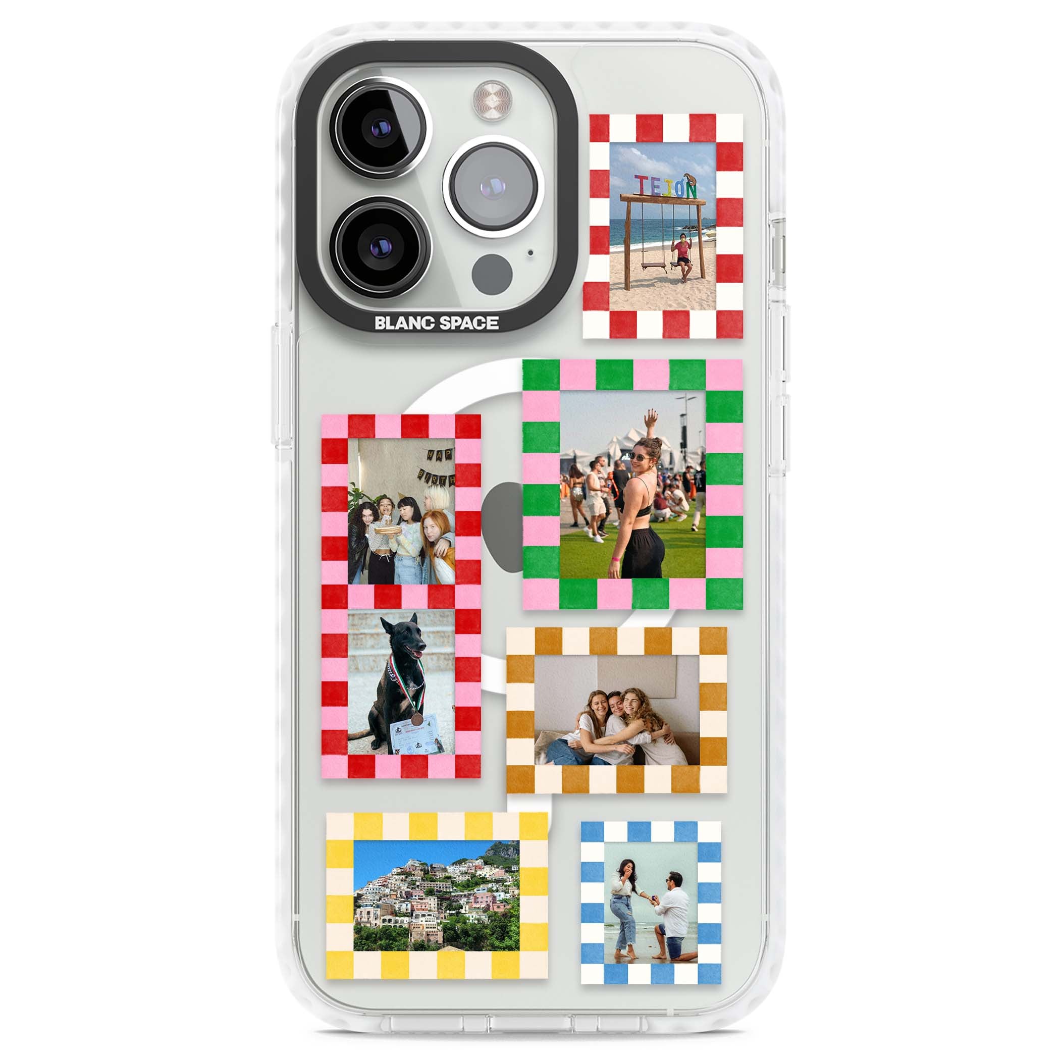 Italian Check Frames custom photo collage iPhone case featuring six checkered photo frames in red, green, pink and  | Impact Magsafe case for iPhone 13 Pro, iPhone 14 Pro, iPhone 15 Pro