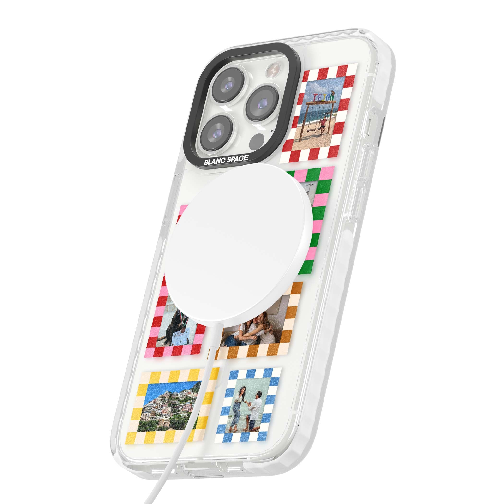 Italian Check Frames custom photo collage iPhone case featuring six checkered photo frames in red, green, pink and  | Impact Magsafe case for iPhone 13 Pro, iPhone 14 Pro, iPhone 15 Pro