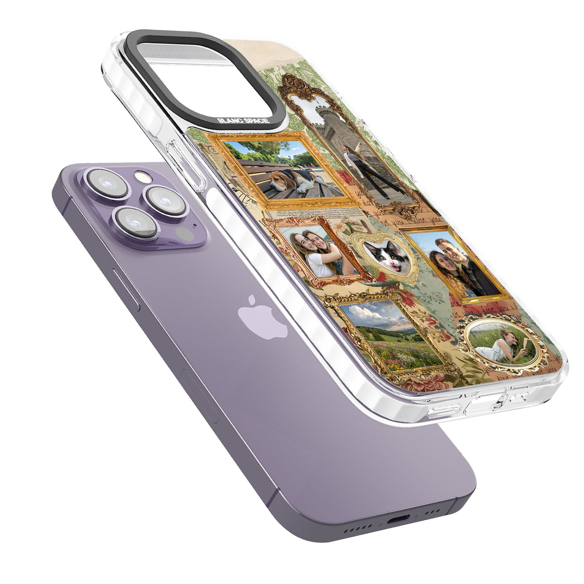 Personalised Vintage Frame Collage iPhone 13 Pro / iPhone 13 Pro Max / iPhone 14 Pro / iPhone 14 Pro Max / iPhone 15 Pro / iPhone 15 Pro Max Impact Pro Clear Phone Case angled