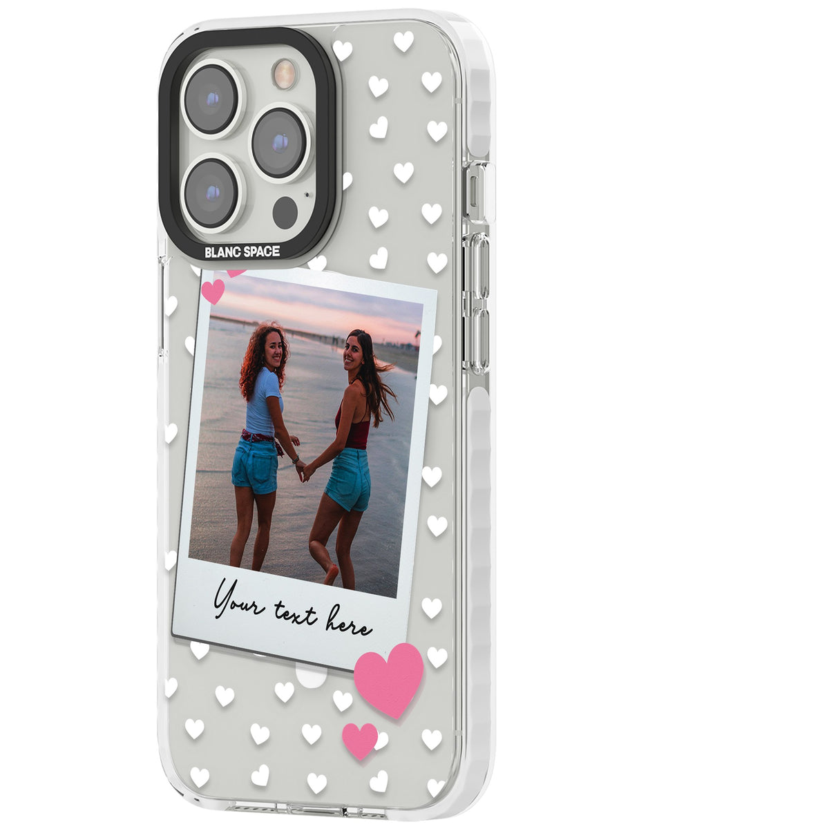 Personalised Hearts Instant Camera Photo iPhone 13 Pro / iPhone 13 Pro Max / iPhone 14 Pro / iPhone 14 Pro Max / iPhone 15 Pro / iPhone 15 Pro Max Impact Pro Clear Phone Case side