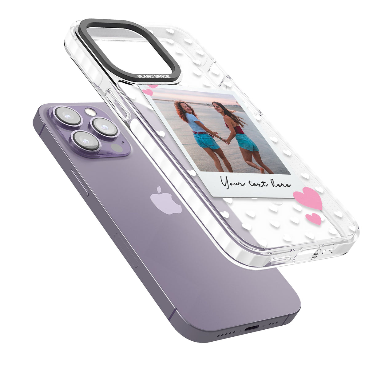 Personalised Hearts Instant Camera Photo iPhone 13 Pro / iPhone 13 Pro Max / iPhone 14 Pro / iPhone 14 Pro Max / iPhone 15 Pro / iPhone 15 Pro Max Impact Pro Clear Phone Case angled