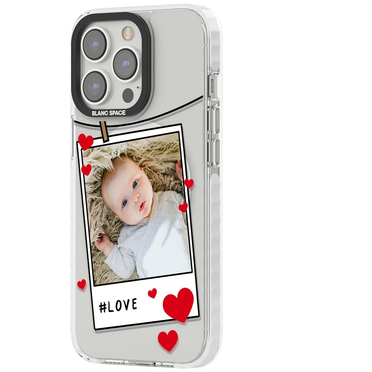 Personalised Paperclip & Hearts Polaroid iPhone 13 Pro / iPhone 13 Pro Max / iPhone 14 Pro / iPhone 14 Pro Max / iPhone 15 Pro / iPhone 15 Pro Max Impact Pro Clear Phone Case side