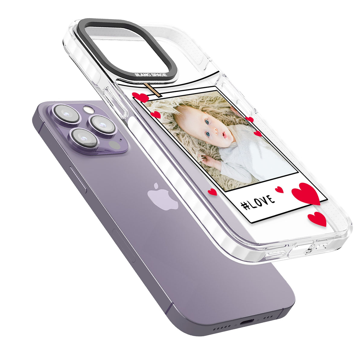 Personalised Paperclip & Hearts Polaroid iPhone 13 Pro / iPhone 13 Pro Max / iPhone 14 Pro / iPhone 14 Pro Max / iPhone 15 Pro / iPhone 15 Pro Max Impact Pro Clear Phone Case angled