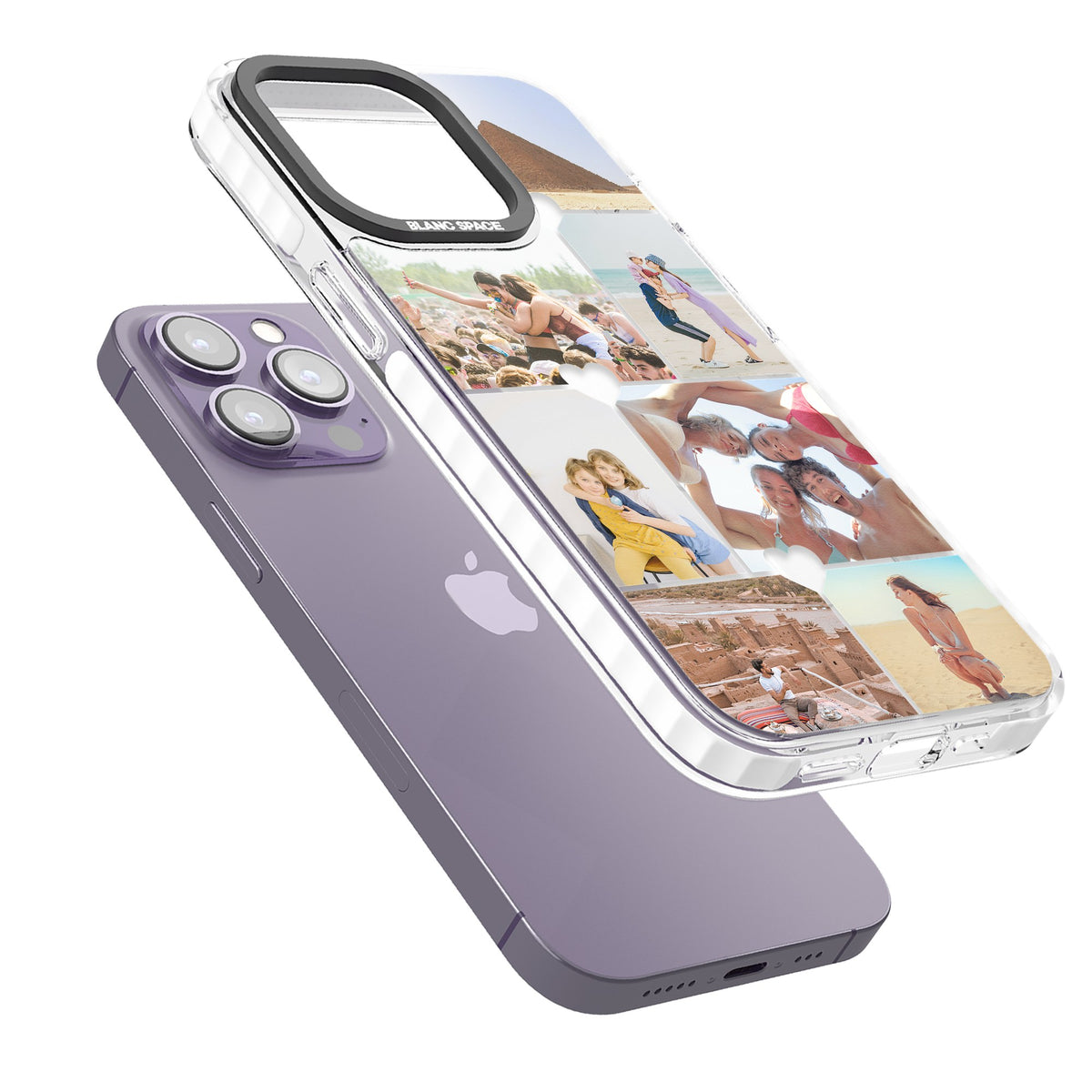 Personalised Heart Photo Grid iPhone 13 Pro / iPhone 13 Pro Max / iPhone 14 Pro / iPhone 14 Pro Max / iPhone 15 Pro / iPhone 15 Pro Max Impact Pro Clear Phone Case angled