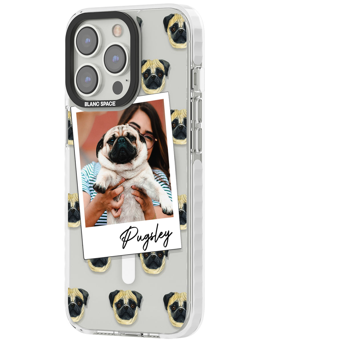 Personalised Pug Instant Camera Photo iPhone 13 Pro / iPhone 13 Pro Max / iPhone 14 Pro / iPhone 14 Pro Max / iPhone 15 Pro / iPhone 15 Pro Max Impact Pro Clear Phone Case side
