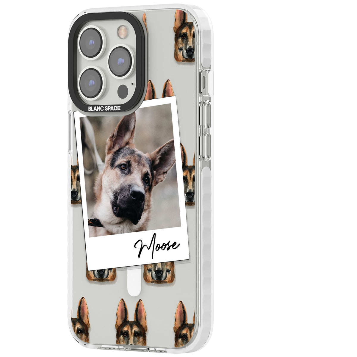 Personalised German Shepherd Instant Camera Photo iPhone 13 Pro / iPhone 13 Pro Max / iPhone 14 Pro / iPhone 14 Pro Max / iPhone 15 Pro / iPhone 15 Pro Max Impact Pro Clear Phone Case side