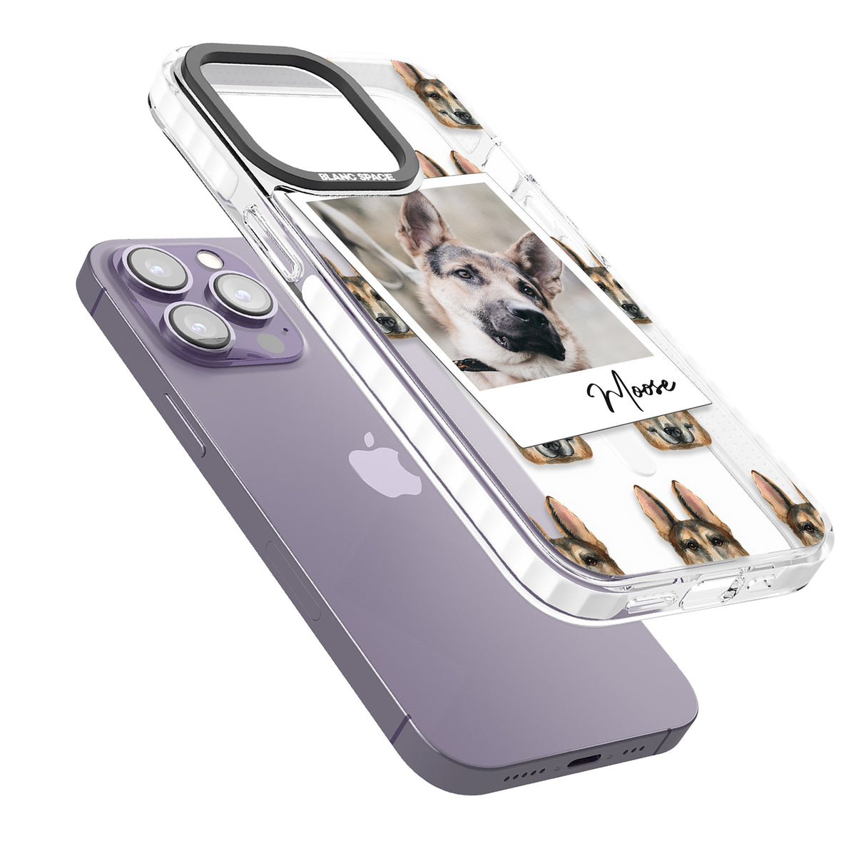 Personalised German Shepherd Instant Camera Photo iPhone 13 Pro / iPhone 13 Pro Max / iPhone 14 Pro / iPhone 14 Pro Max / iPhone 15 Pro / iPhone 15 Pro Max Impact Pro Clear Phone Case angled