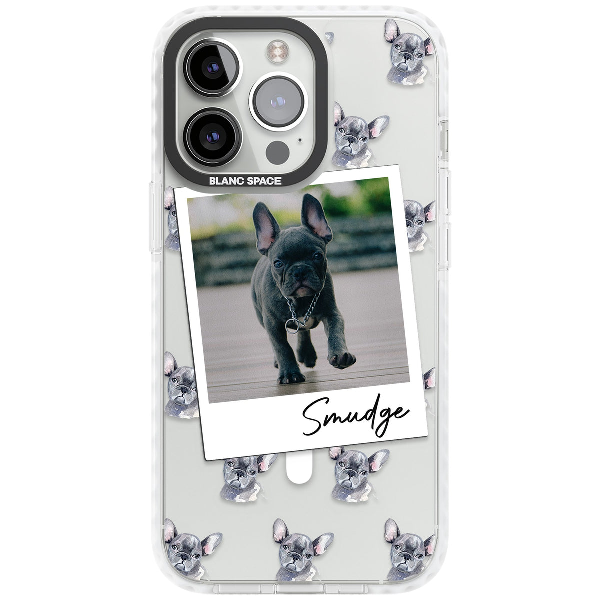 Personalised Grey French Bulldog Instant Camera Photo iPhone 13 Pro / iPhone 13 Pro Max / iPhone 14 Pro / iPhone 14 Pro Max / iPhone 15 Pro / iPhone 15 Pro Max Impact Pro Clear Phone Case front