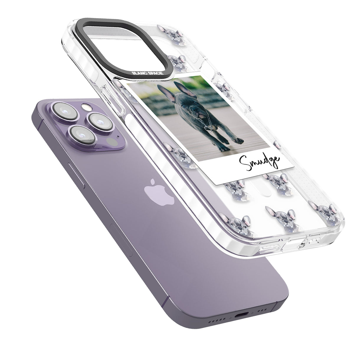 Personalised Grey French Bulldog Instant Camera Photo iPhone 13 Pro / iPhone 13 Pro Max / iPhone 14 Pro / iPhone 14 Pro Max / iPhone 15 Pro / iPhone 15 Pro Max Impact Pro Clear Phone Case angled