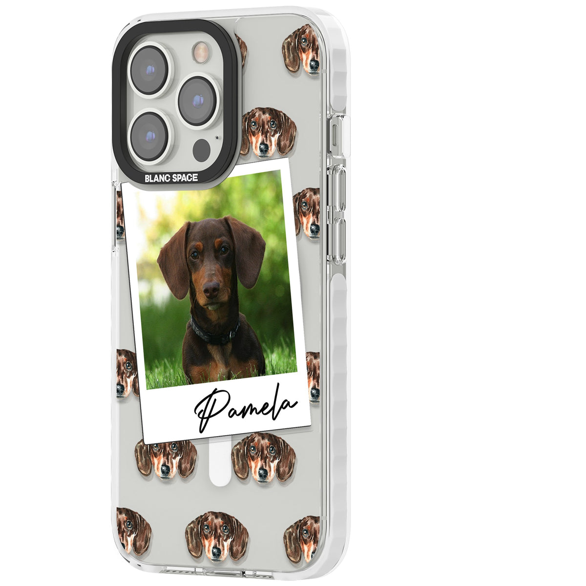 Personalised Brown Dachshund Instant Camera Photo iPhone 13 Pro / iPhone 13 Pro Max / iPhone 14 Pro / iPhone 14 Pro Max / iPhone 15 Pro / iPhone 15 Pro Max Impact Pro Clear Phone Case side