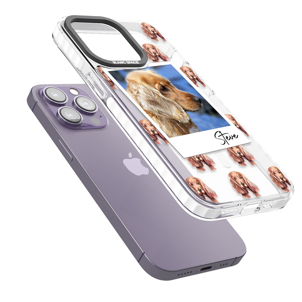 Personalised Cocker Spaniel Instant Camera Photo iPhone 13 Pro / iPhone 13 Pro Max / iPhone 14 Pro / iPhone 14 Pro Max / iPhone 15 Pro / iPhone 15 Pro Max Impact Pro Clear Phone Case angled