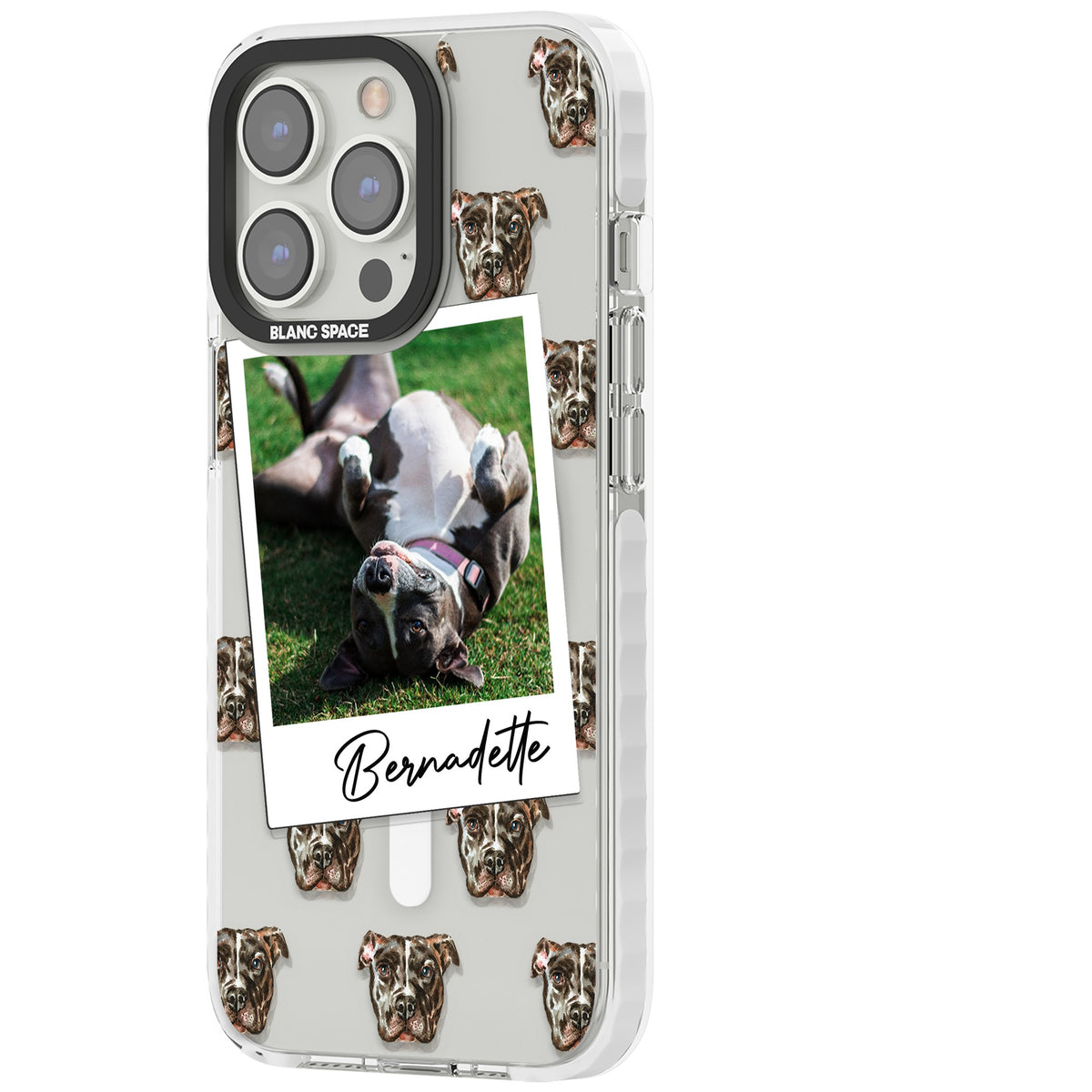Personalised Staffordshire Bull Terrier Instant Camera Photo iPhone 13 Pro / iPhone 13 Pro Max / iPhone 14 Pro / iPhone 14 Pro Max / iPhone 15 Pro / iPhone 15 Pro Max Impact Pro Clear Phone Case side
