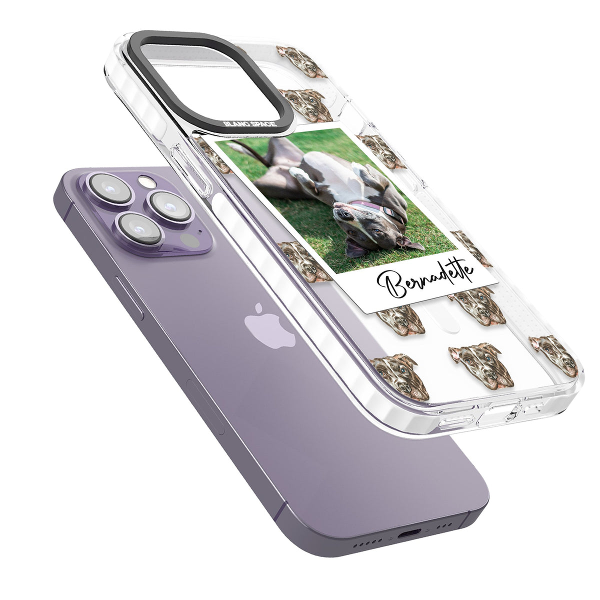 Personalised Staffordshire Bull Terrier Instant Camera Photo iPhone 13 Pro / iPhone 13 Pro Max / iPhone 14 Pro / iPhone 14 Pro Max / iPhone 15 Pro / iPhone 15 Pro Max Impact Pro Clear Phone Case angled