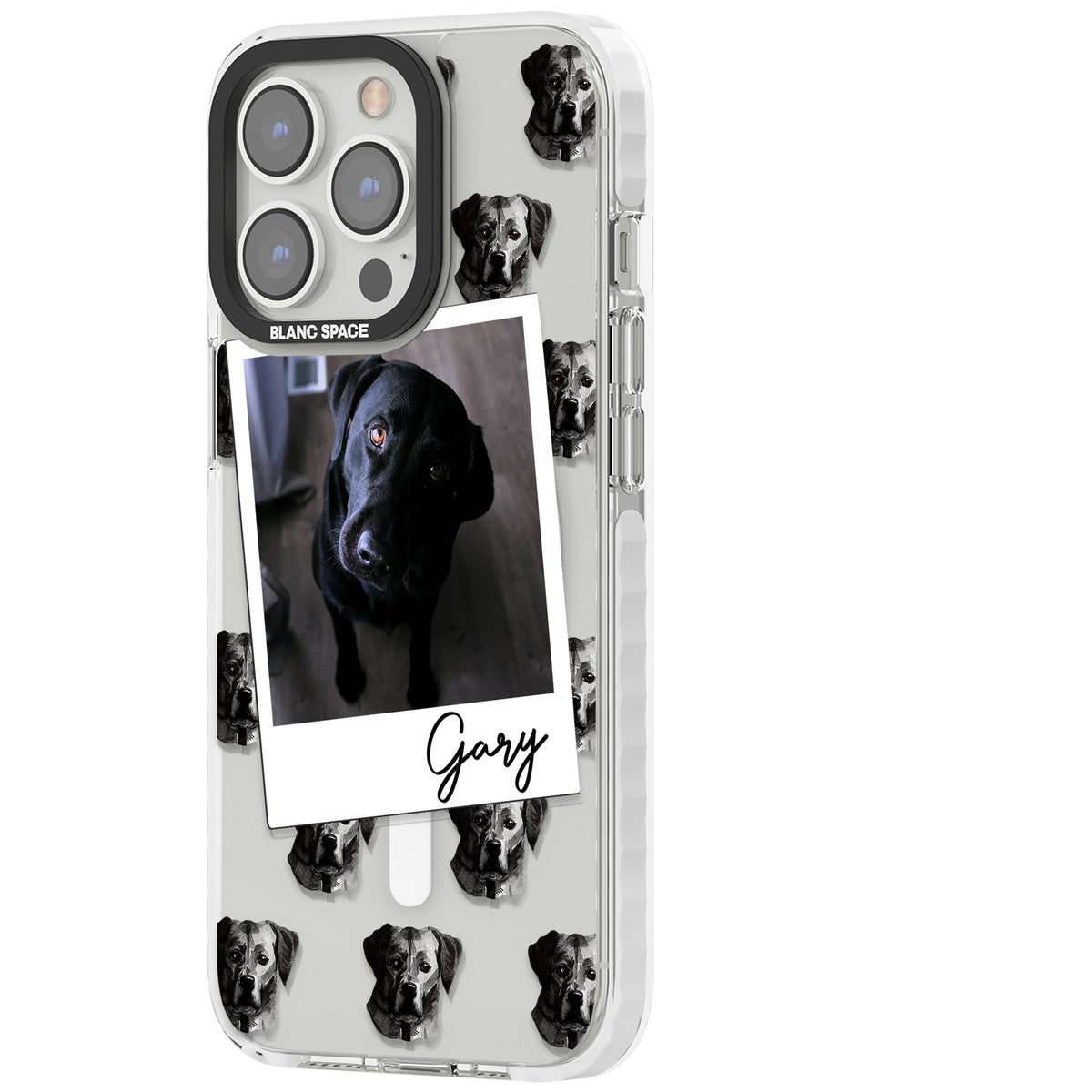 Personalised Black Labrador Instant Camera Photo iPhone 13 Pro / iPhone 13 Pro Max / iPhone 14 Pro / iPhone 14 Pro Max / iPhone 15 Pro / iPhone 15 Pro Max Impact Pro Clear Phone Case side