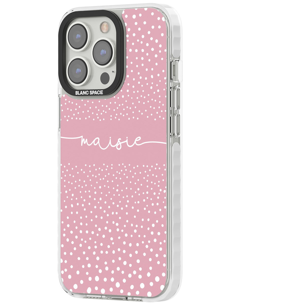 Personalised Pink Dots iPhone 13 Pro / iPhone 13 Pro Max / iPhone 14 Pro / iPhone 14 Pro Max / iPhone 15 Pro / iPhone 15 Pro Max Impact Pro Clear Phone Case side