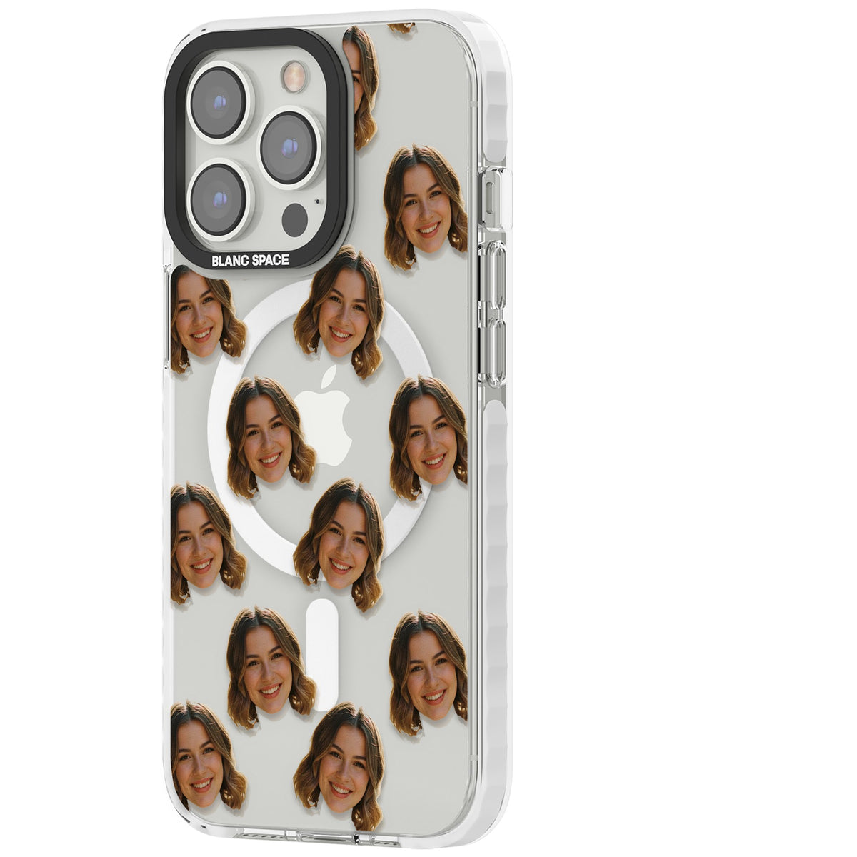 Falling Faces Pattern iPhone 13 Pro / iPhone 13 Pro Max / iPhone 14 Pro / iPhone 14 Pro Max / iPhone 15 Pro / iPhone 15 Pro Max Impact Pro Clear Phone Case side