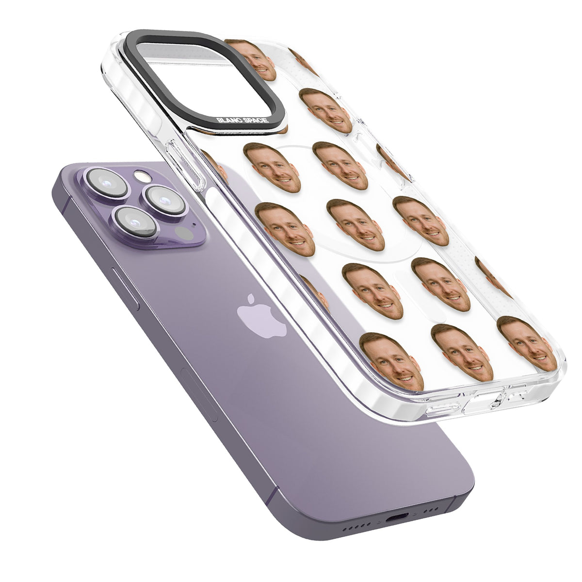 Face Pattern iPhone 13 Pro / iPhone 13 Pro Max / iPhone 14 Pro / iPhone 14 Pro Max / iPhone 15 Pro / iPhone 15 Pro Max Impact Pro Clear Phone Case angled